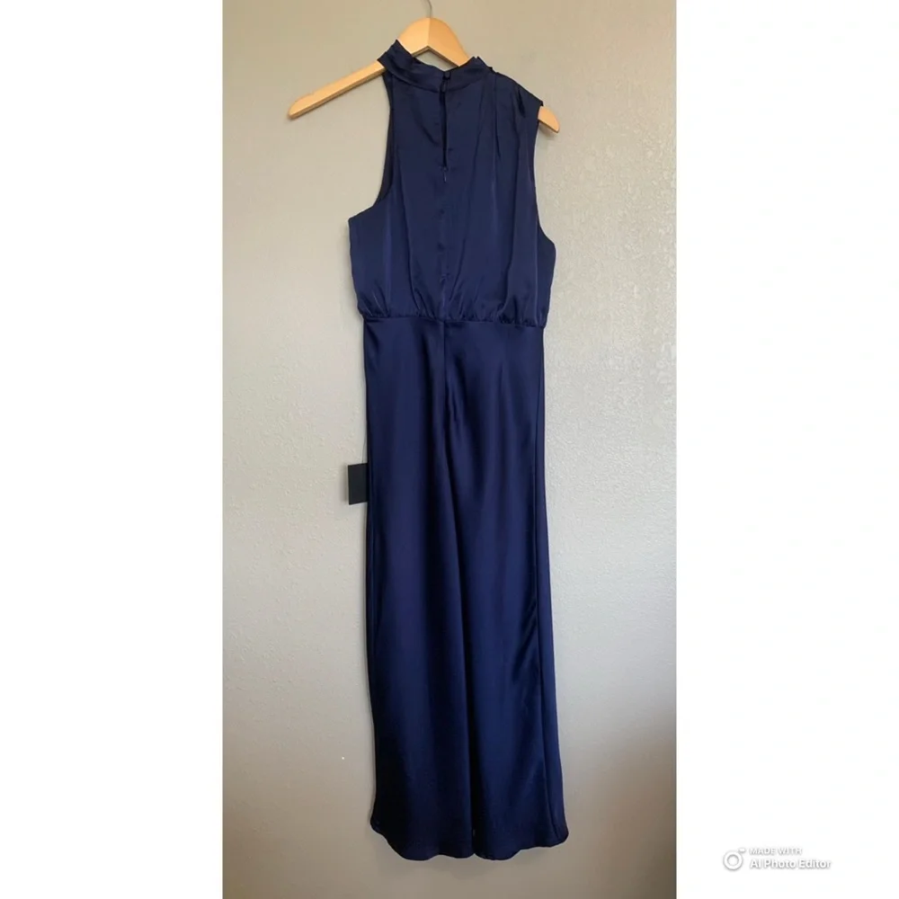 Lulus Medium Distinctive Charm Navy Blue Satin Asymmetrical Midi Dress NWT - Picture 7 of 17